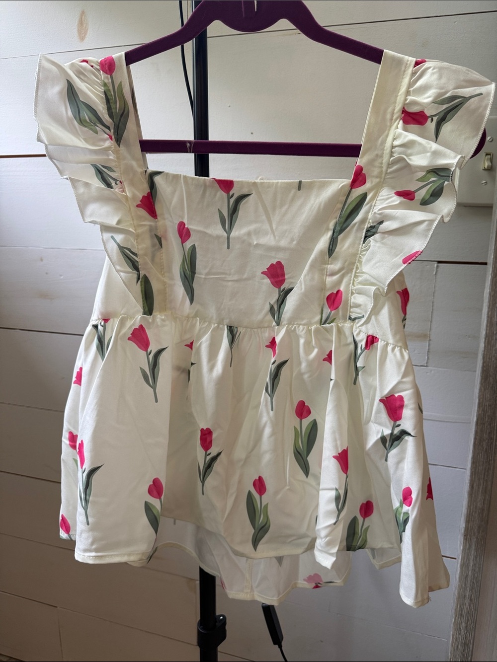 Floral Tulip Ruffle-Sleeve Peplum Blouse - White/Pink